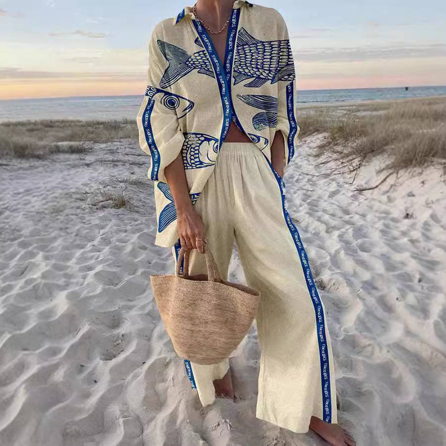 Éloïse – Blue Fish Print Women’s Linen Set