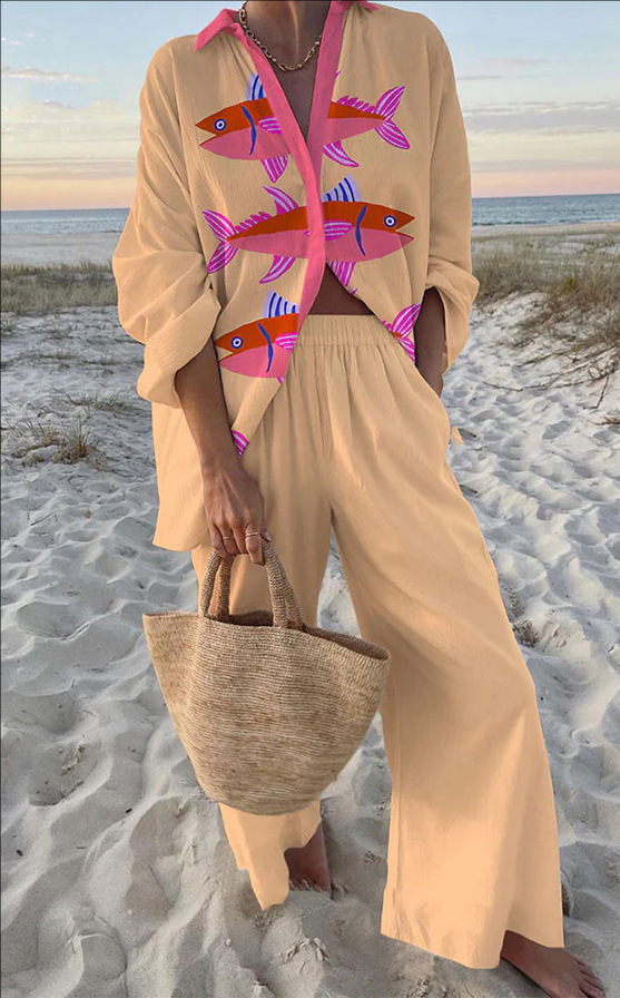 Dahlia – Lightweight Women’s Pink Fish Print Linen Set