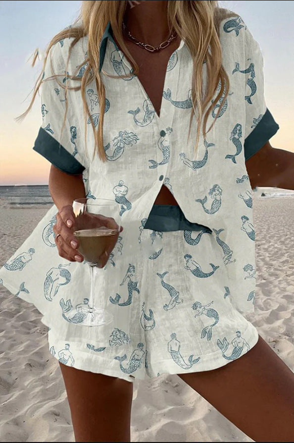 Bernadette – Breathable Women’s Mermaid-Print Linen Co-Ord Set