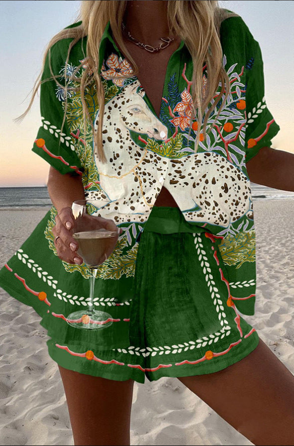 Yuri – Women’s Linen Two-Piece Summer Set with Horse Print