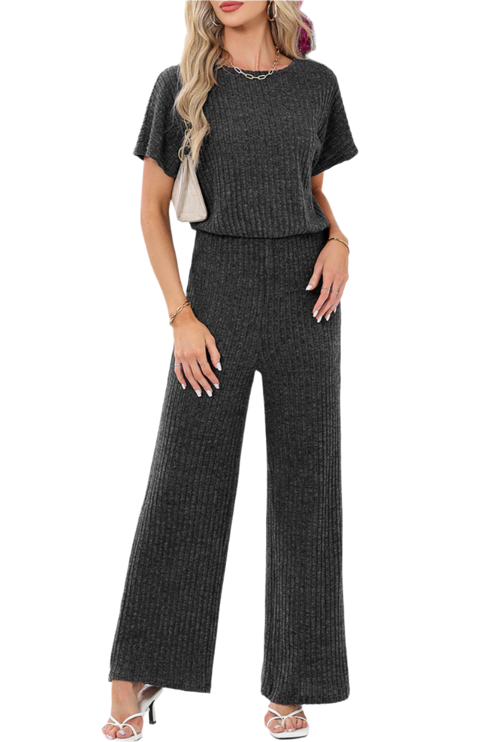 Grace – Dark Grey Women’s Ribbed Keyhole Jumpsuit