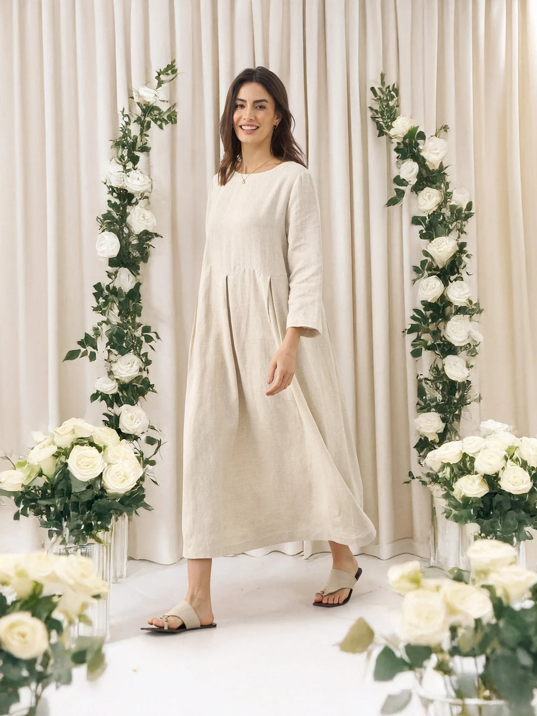 Jacquelyn – Linen Bateau Neck Pleated Women’s Maxi Dress