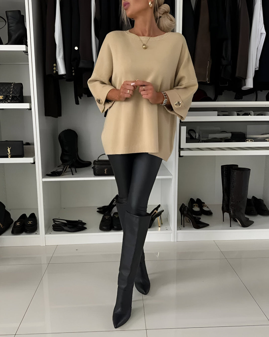 Janella – Relaxed-Fit Women’s Button-Sleeve Sweater