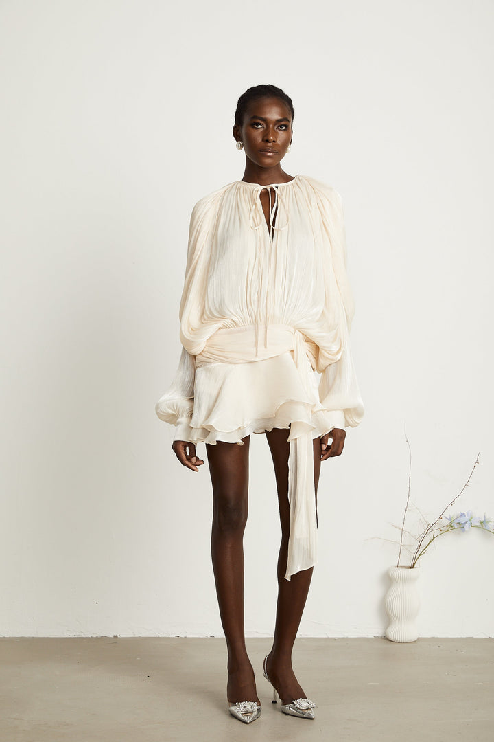 Kali – Fully-Pleated Women’s Ruffled Mini Dress in Neutral Tones