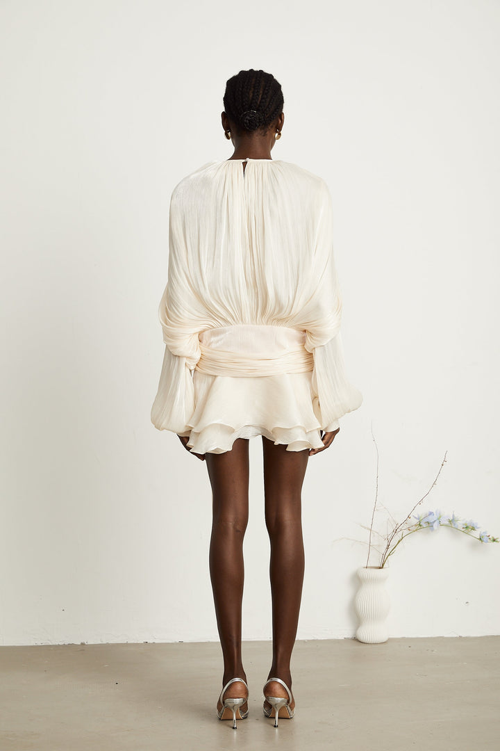 Kali – Fully-Pleated Women’s Ruffled Mini Dress in Neutral Tones