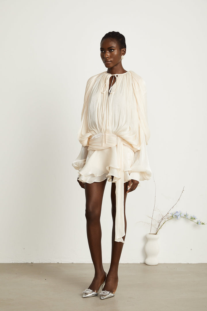 Kali – Fully-Pleated Women’s Ruffled Mini Dress in Neutral Tones