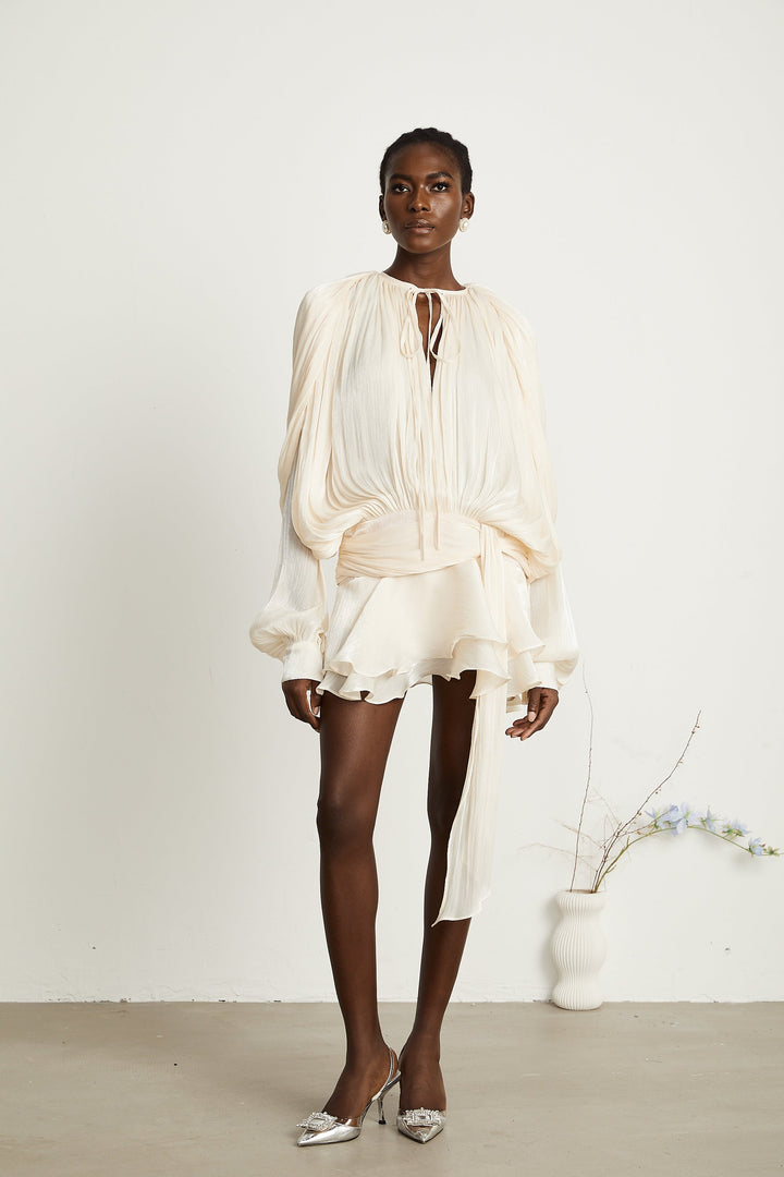 Kali – Fully-Pleated Women’s Ruffled Mini Dress in Neutral Tones