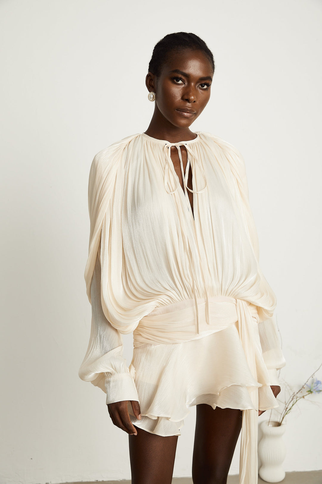Kali – Fully-Pleated Women’s Ruffled Mini Dress in Neutral Tones