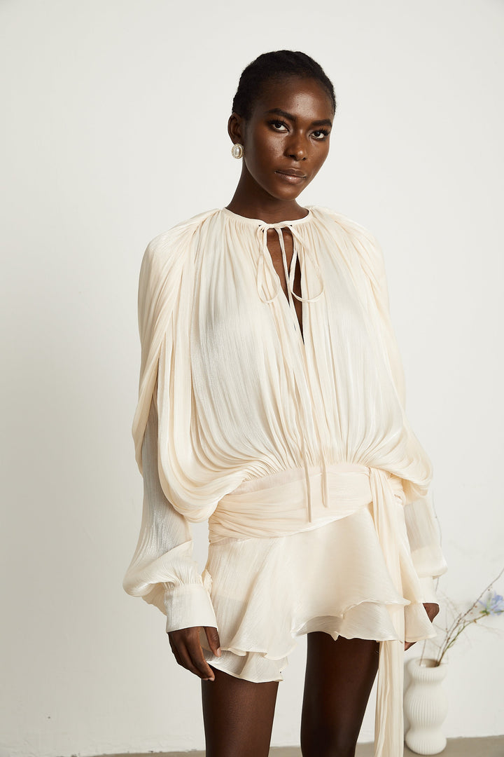 Kali – Fully-Pleated Women’s Ruffled Mini Dress in Neutral Tones