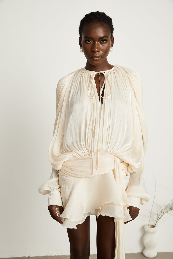 Kali – Fully-Pleated Women’s Ruffled Mini Dress in Neutral Tones