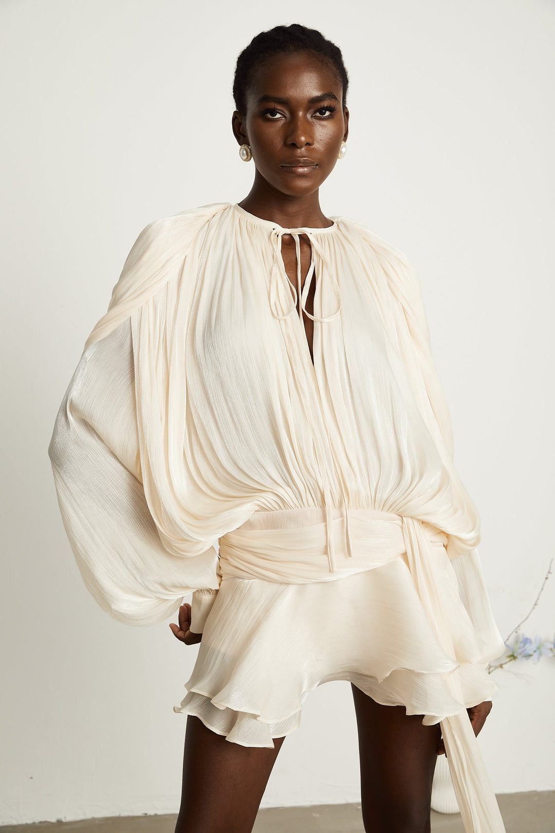 Kali – Fully-Pleated Women’s Ruffled Mini Dress in Neutral Tones