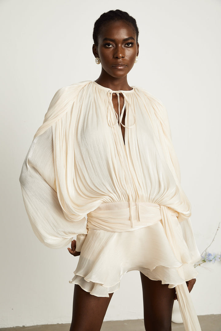 Kali – Fully-Pleated Women’s Ruffled Mini Dress in Neutral Tones