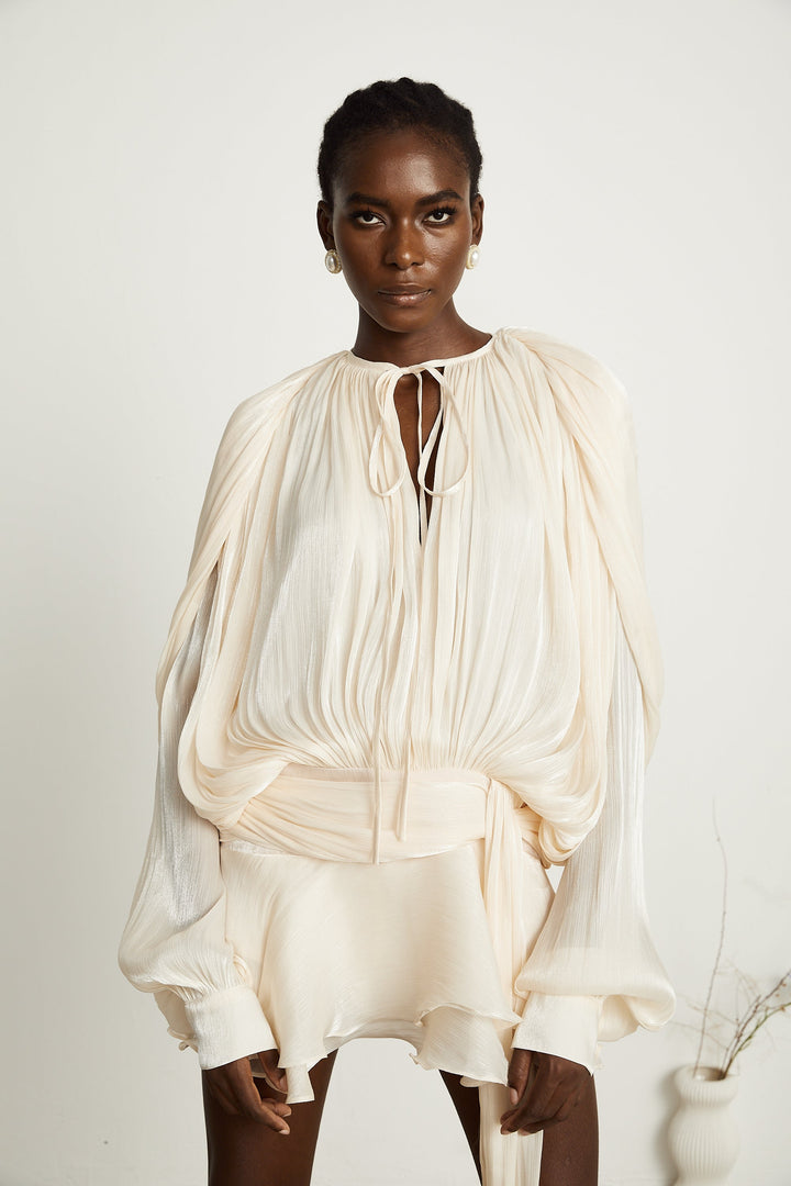 Kali – Fully-Pleated Women’s Ruffled Mini Dress in Neutral Tones