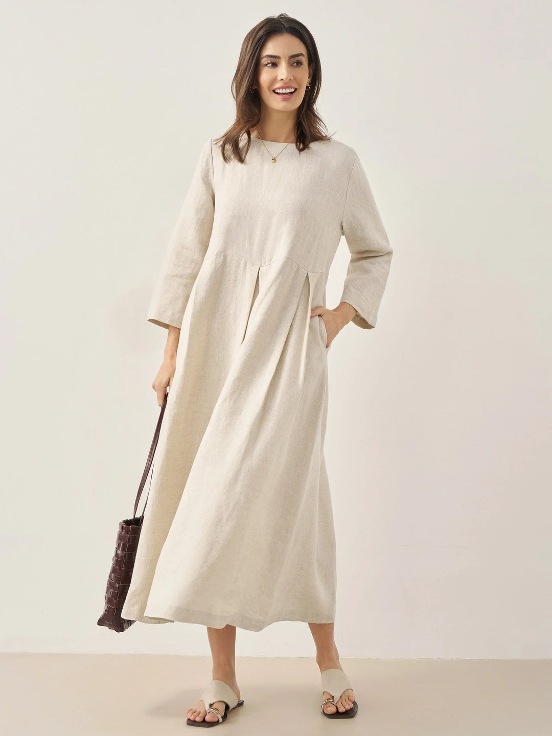 Jacquelyn – Linen Bateau Neck Pleated Women’s Maxi Dress