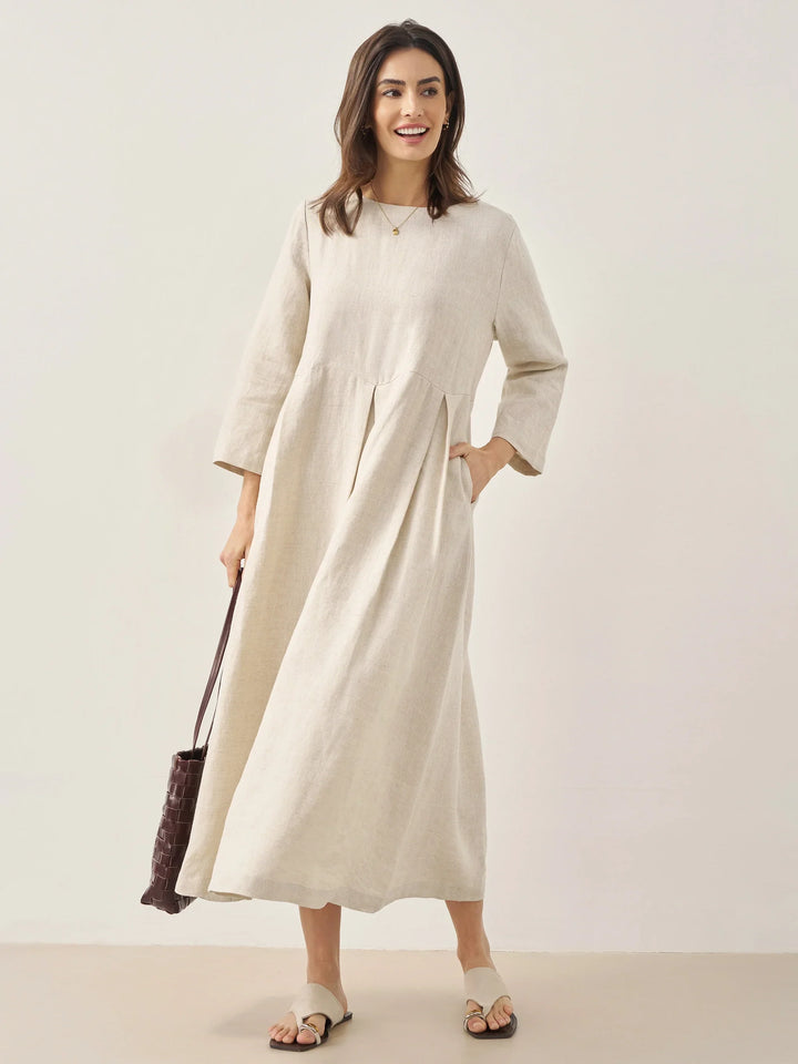 Jacquelyn – Linen Bateau Neck Pleated Women’s Maxi Dress