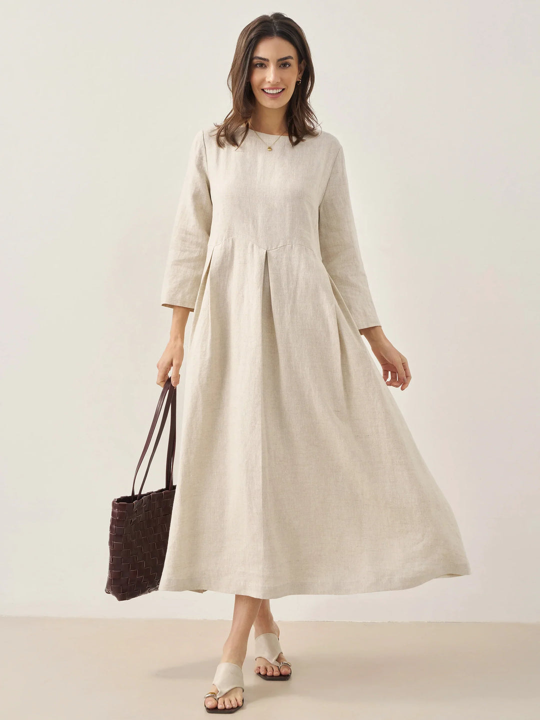 Jacquelyn – Linen Bateau Neck Pleated Women’s Maxi Dress