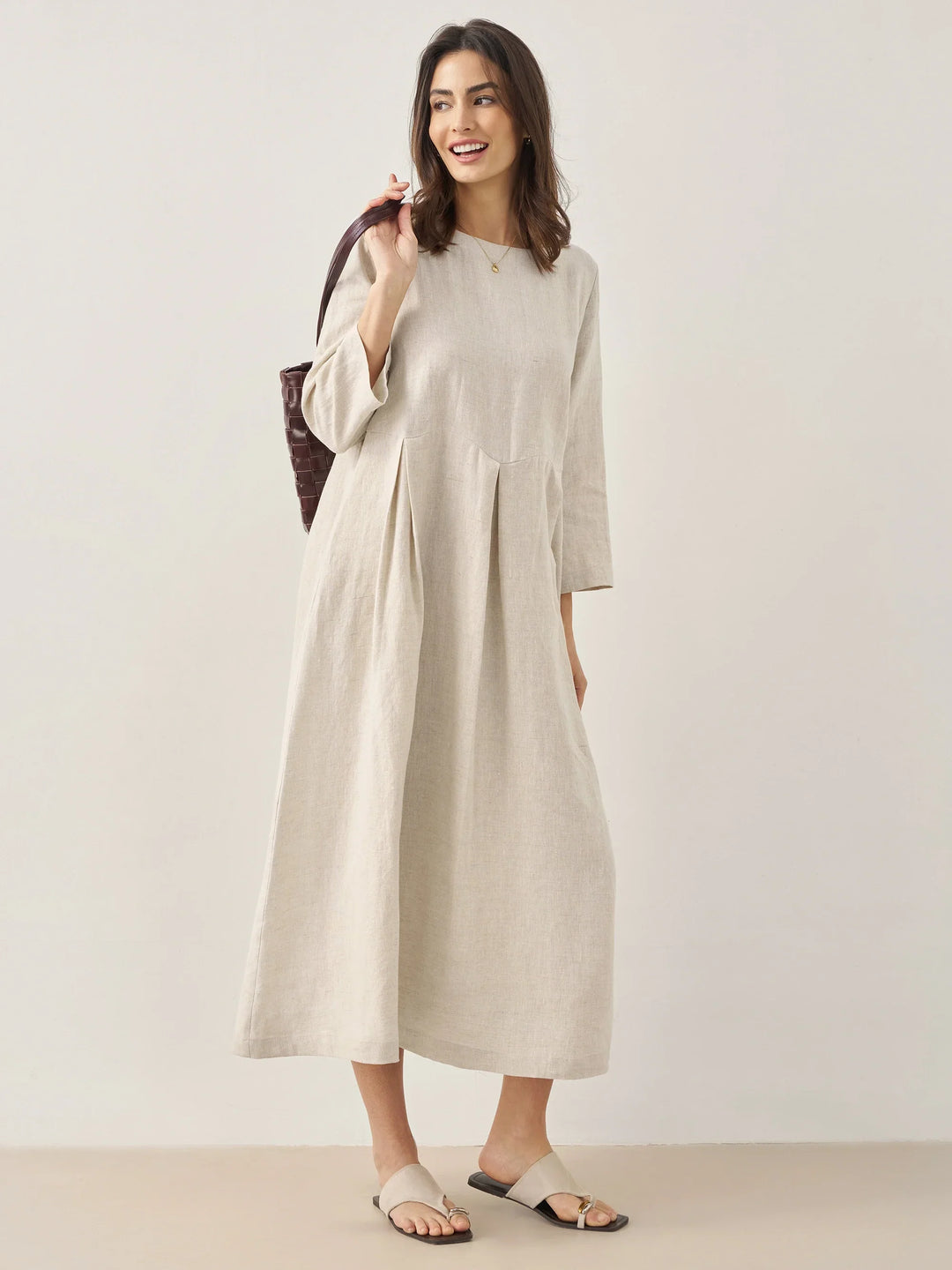 Jacquelyn – Linen Bateau Neck Pleated Women’s Maxi Dress