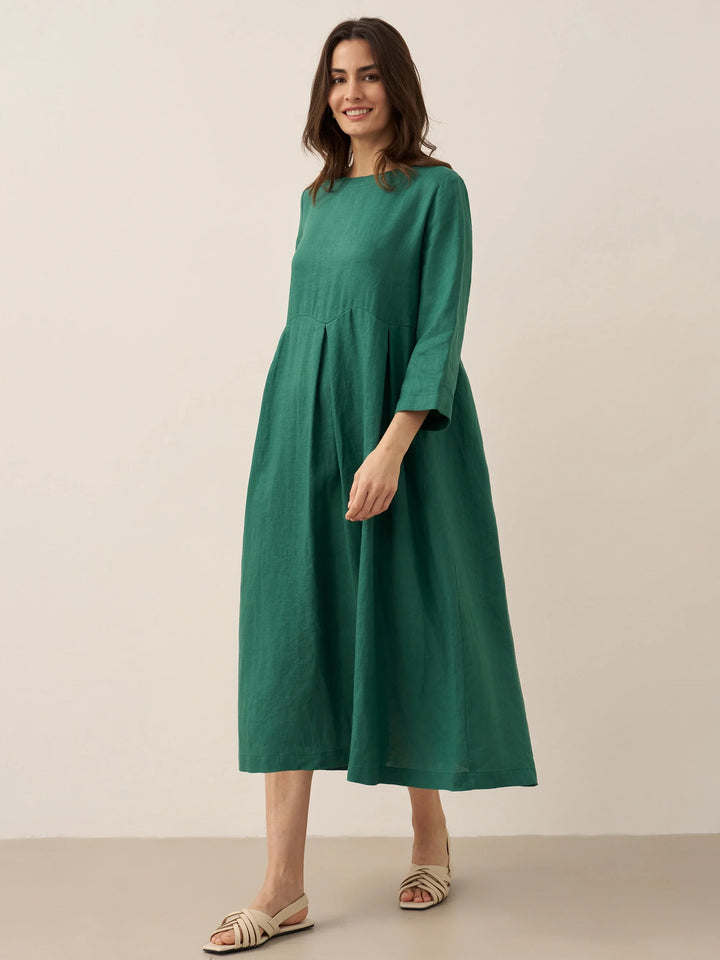 Jacquelyn – Linen Bateau Neck Pleated Women’s Maxi Dress
