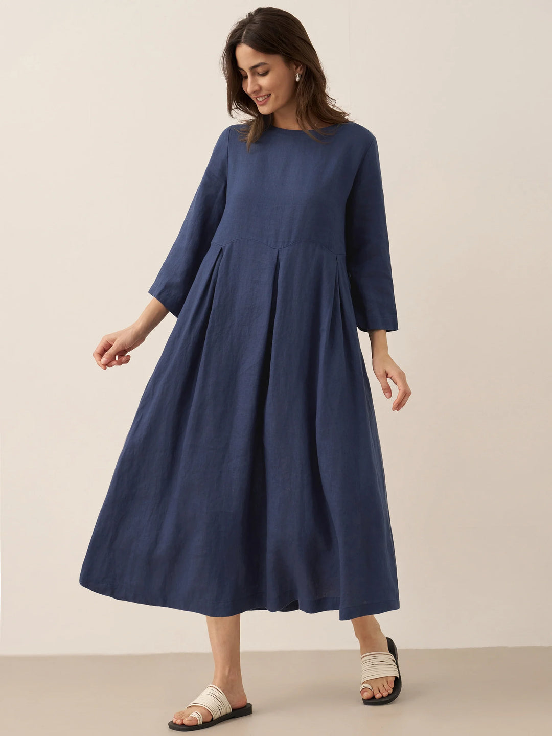 Jacquelyn – Linen Bateau Neck Pleated Women’s Maxi Dress