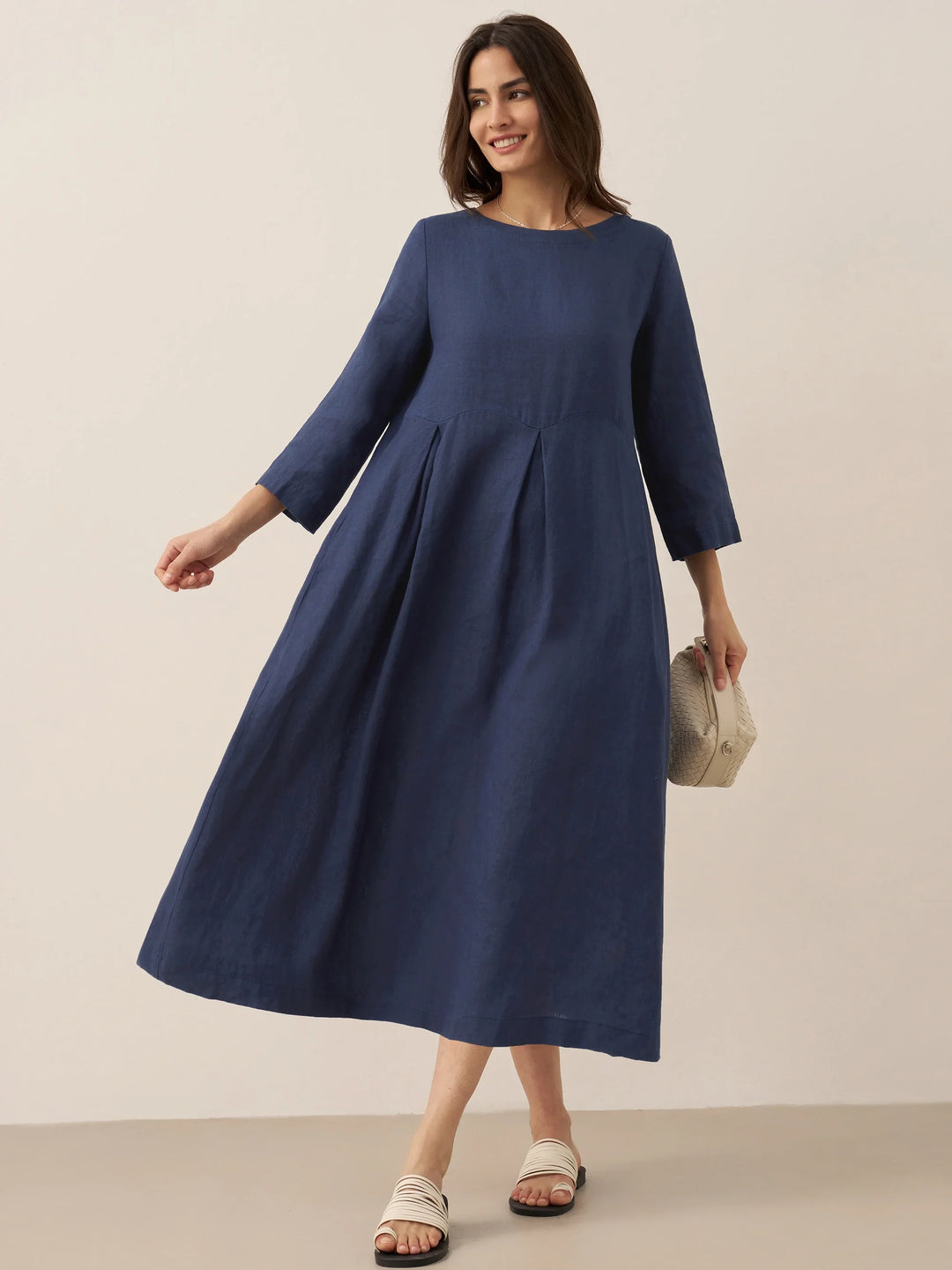 Jacquelyn – Linen Bateau Neck Pleated Women’s Maxi Dress