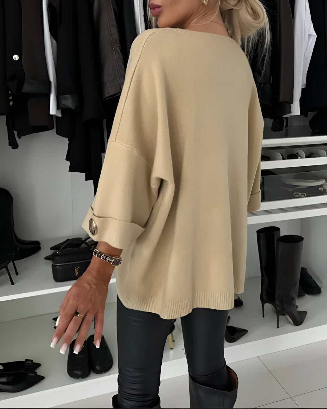 Janella – Relaxed-Fit Women’s Button-Sleeve Sweater