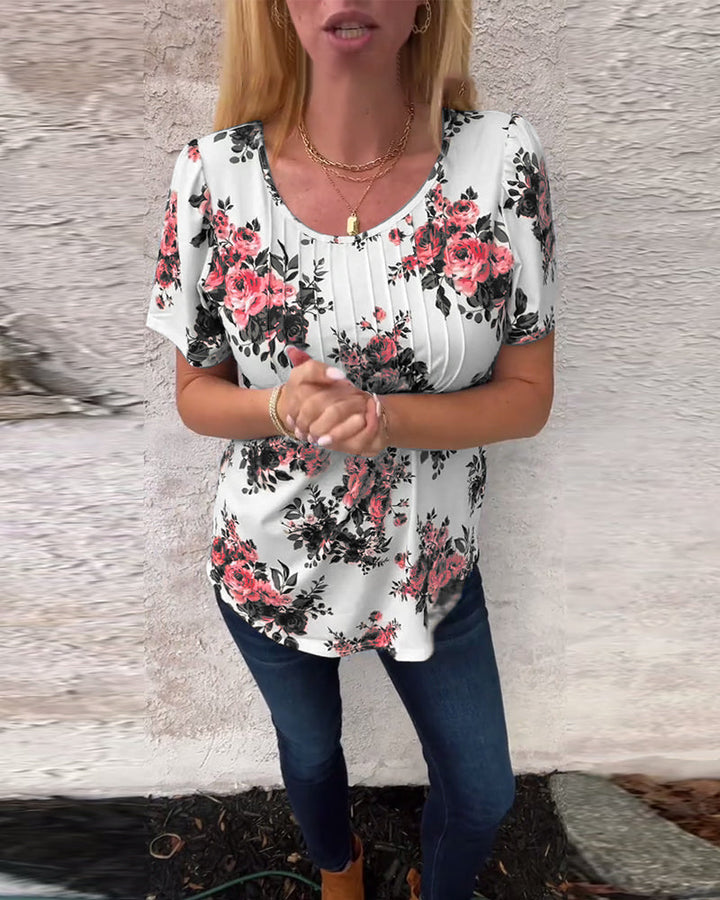Hannah – Floral Pleated Women’s T-Shirt