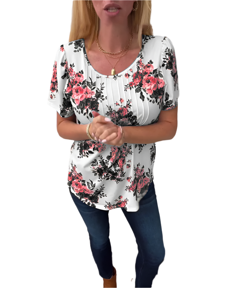 Hannah – Floral Pleated Women’s T-Shirt