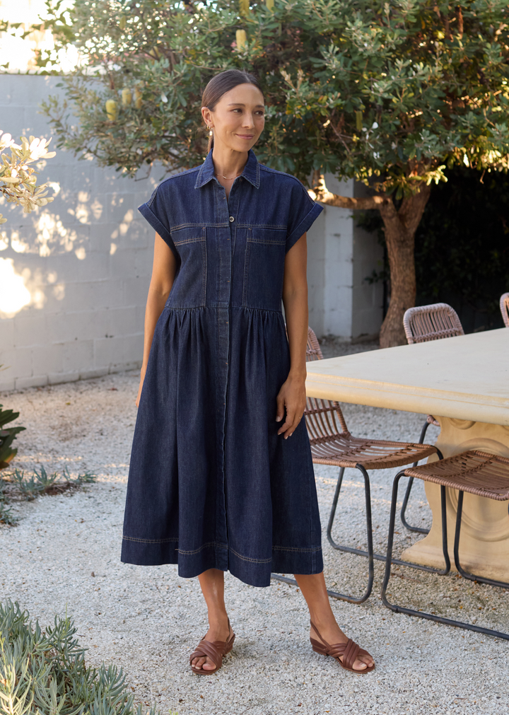 Alyssa – Women's Short-Sleeve Denim Midi Dress