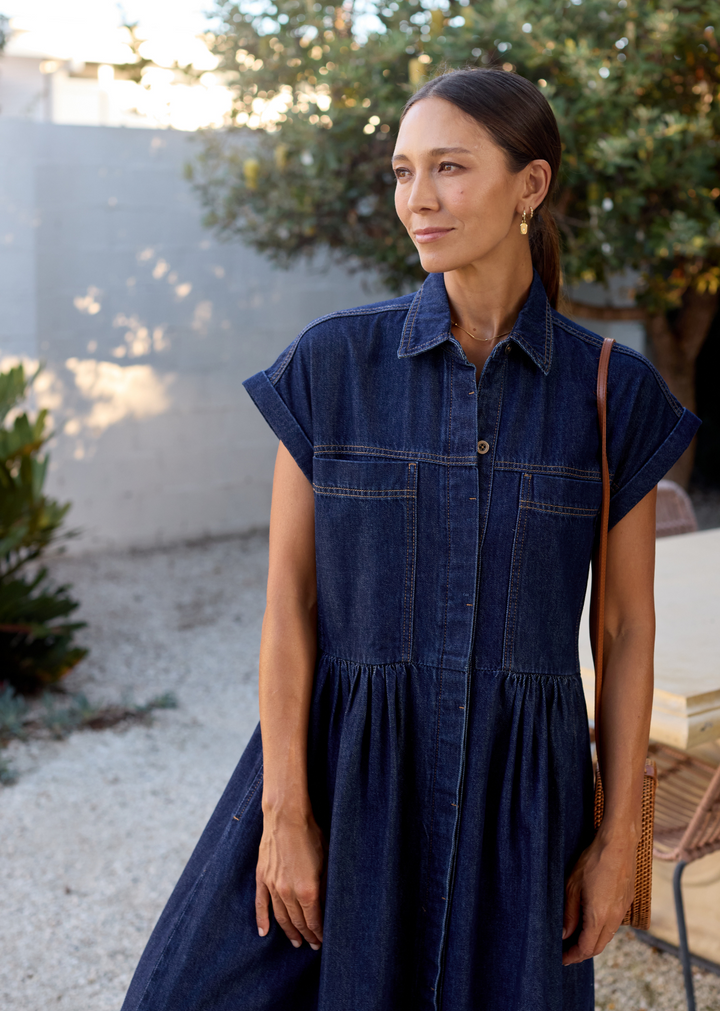 Alyssa – Women's Short-Sleeve Denim Midi Dress