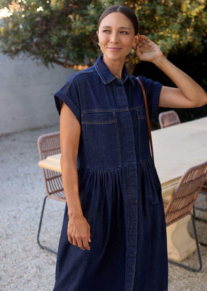 Alyssa – Women's Short-Sleeve Denim Midi Dress
