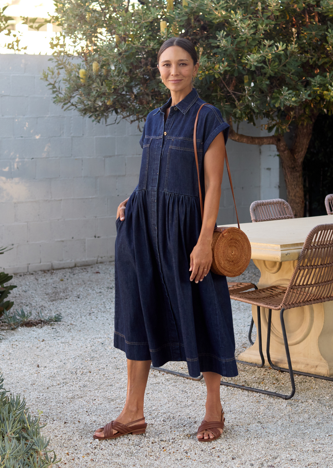 Alyssa – Women's Short-Sleeve Denim Midi Dress