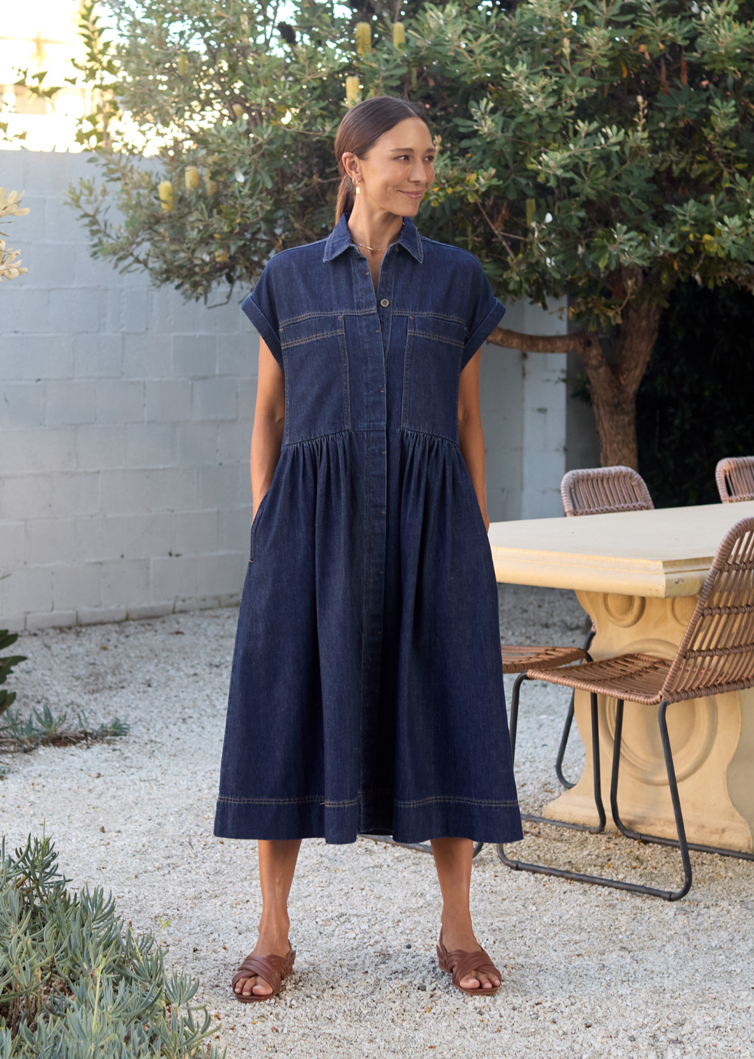 Alyssa – Women's Short-Sleeve Denim Midi Dress