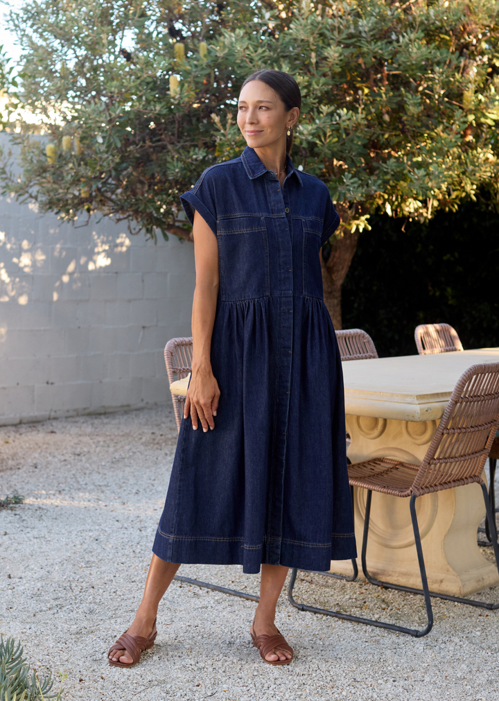 Alyssa – Women's Short-Sleeve Denim Midi Dress