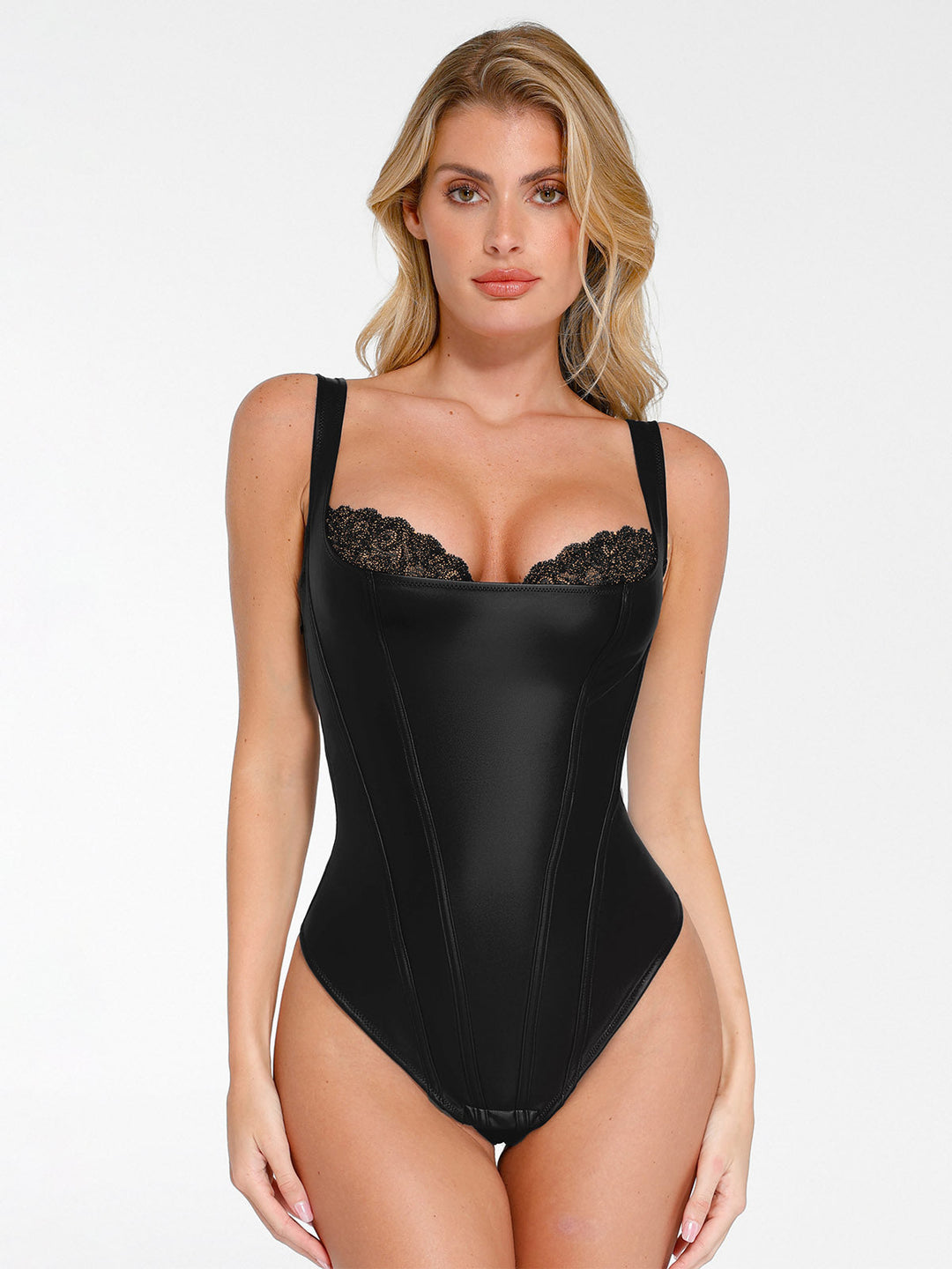 Ava – Women’s Sculpting Faux Leather Lace Bodysuit