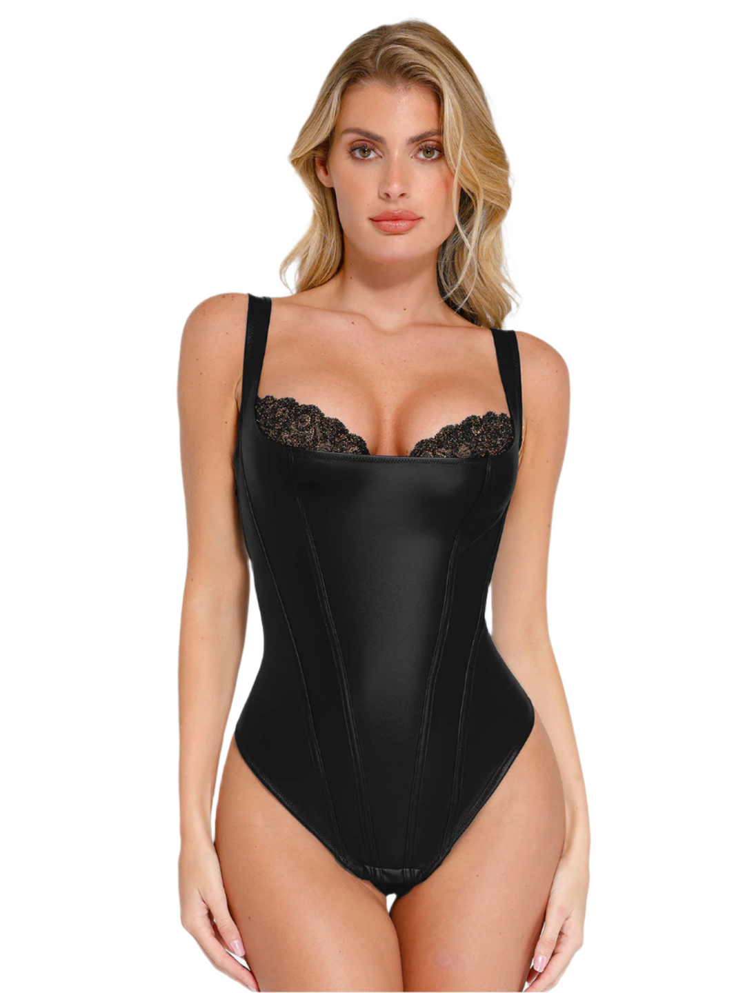 Ava – Women’s Sculpting Faux Leather Lace Bodysuit