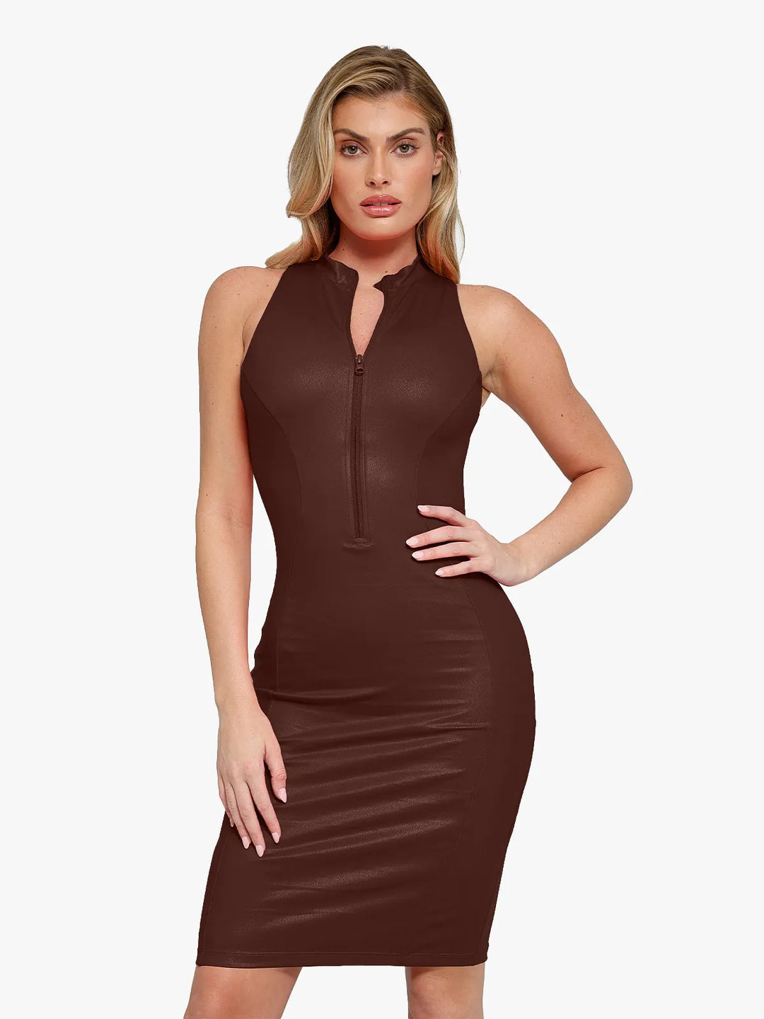 Giuliana – Faux Leather Sculpting Zip Midi Dress for Women