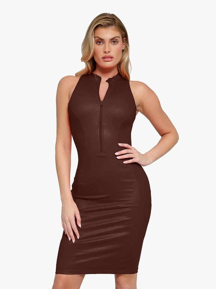Giuliana – Faux Leather Sculpting Zip Midi Dress for Women