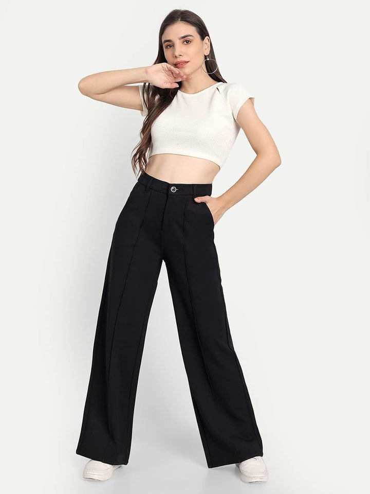 Stella – Black Wide-Leg High-Rise Stretchable Trousers for Women