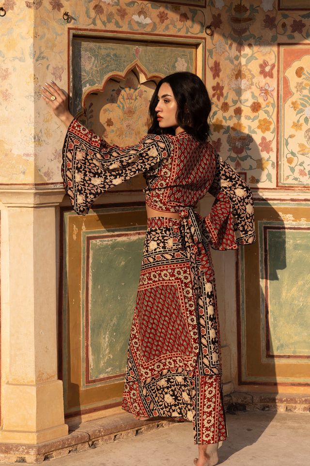 Delilah – Women's Cotton Wrap Top & Skirt Set in Red Blockprint