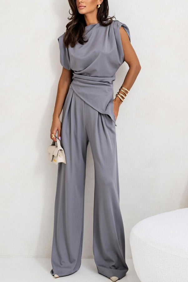 Aniya – Ruched Shoulder Women’s Top & Wide Leg Pants Set