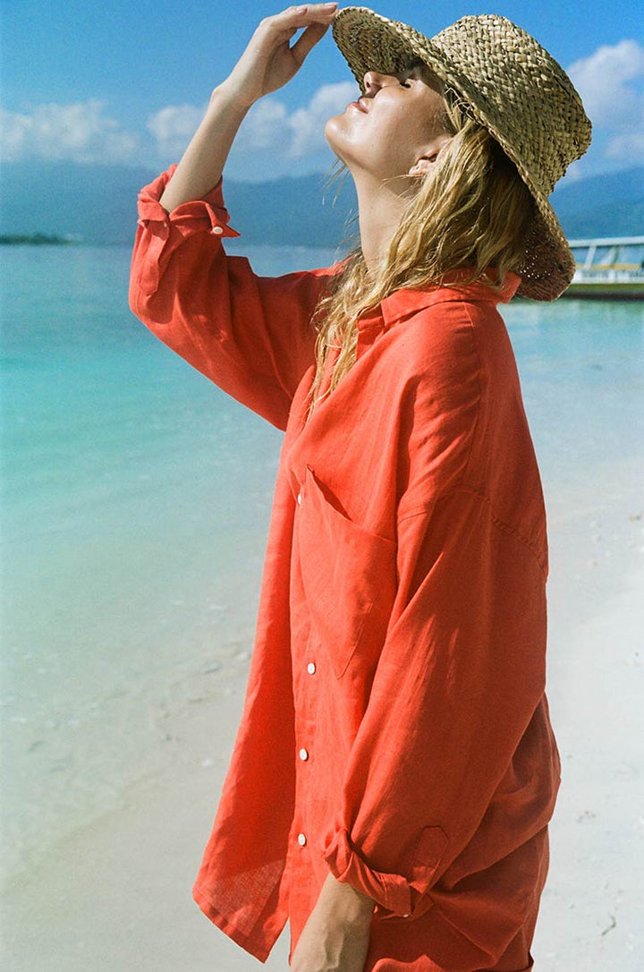 Jade – Women’s Summer Shirt Dress in Coral Linen
