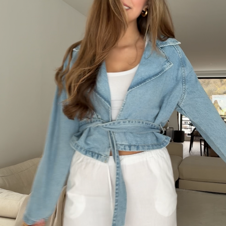 Renata – Cropped Belted Women’s Denim Trench Jacket