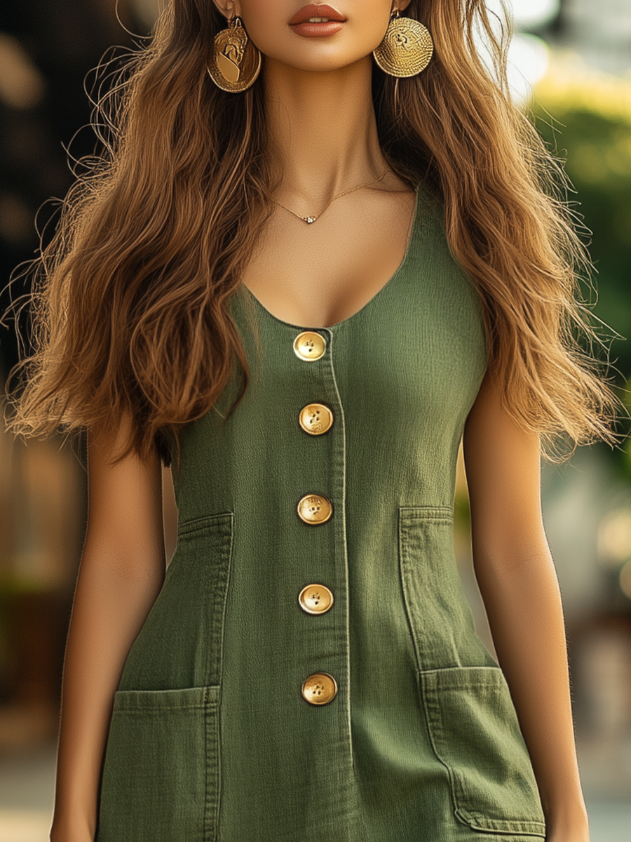 Sophie – Green Cotton Linen Button Mini Dress for Women