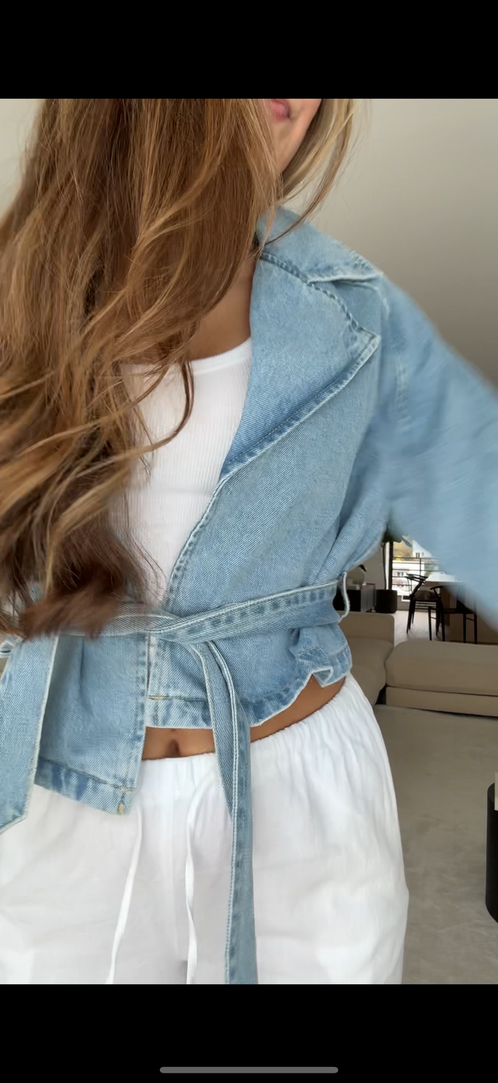 Renata – Cropped Belted Women’s Denim Trench Jacket