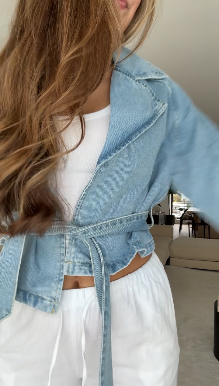 Renata – Cropped Belted Women’s Denim Trench Jacket