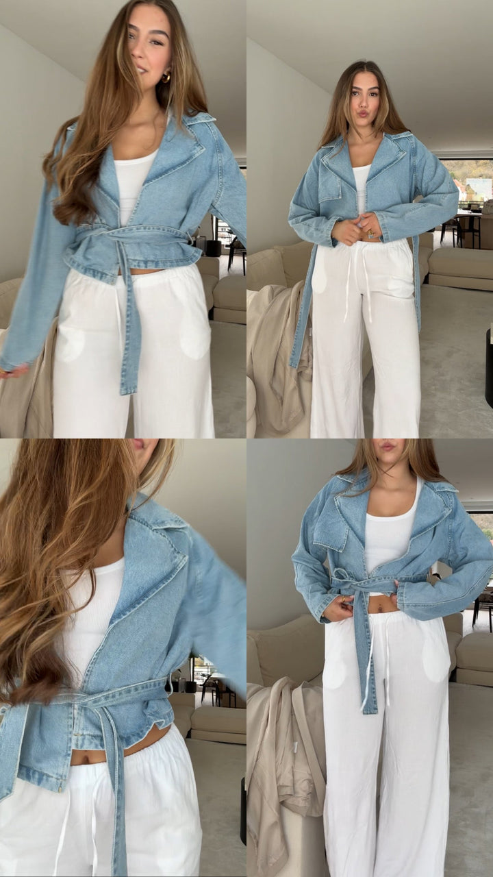Renata – Cropped Belted Women’s Denim Trench Jacket