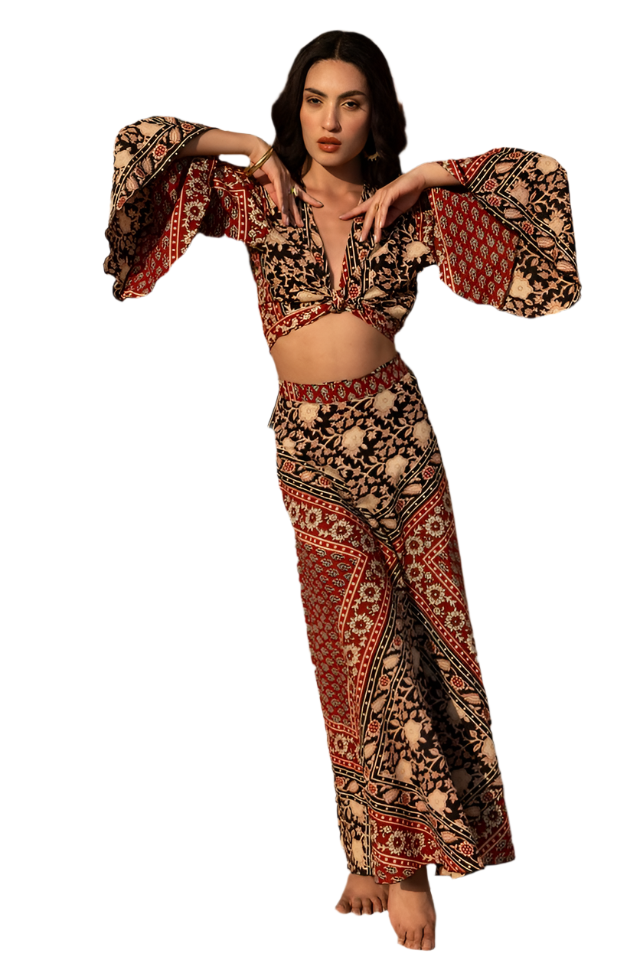 Delilah – Women's Cotton Wrap Top & Skirt Set in Red Blockprint