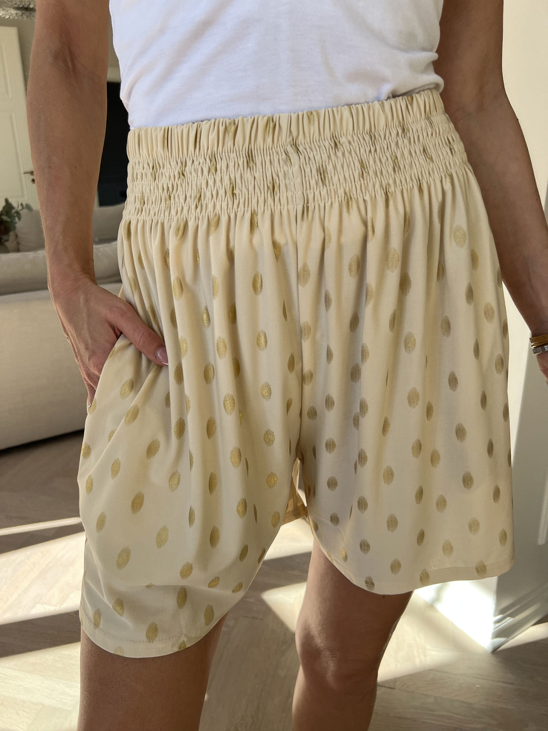 Erin – Gold-Dot Women’s Elastic Lounge Shorts