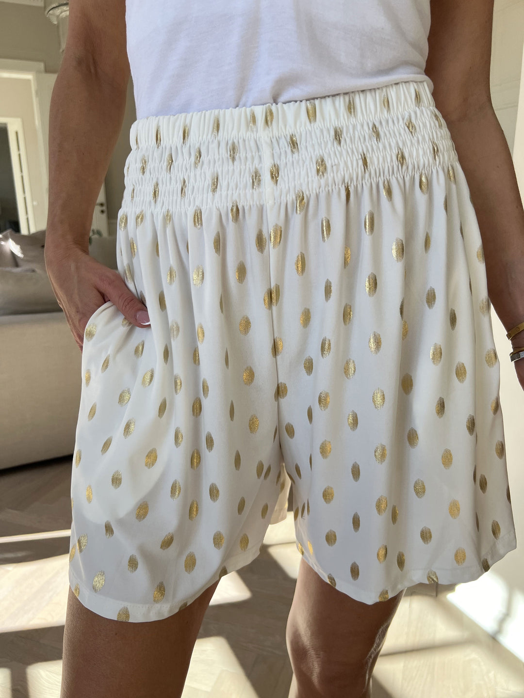 Erin – Gold-Dot Women’s Elastic Lounge Shorts