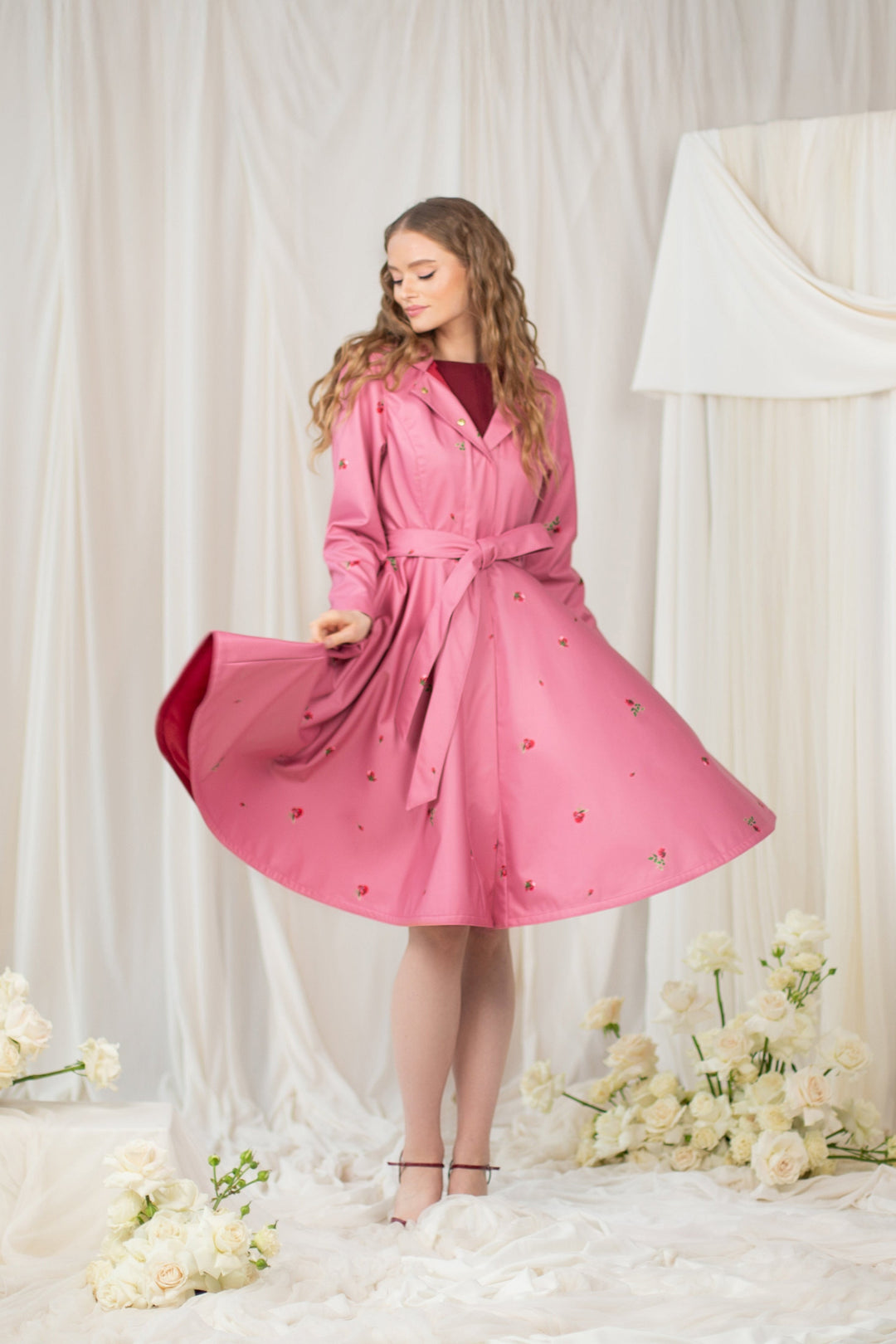 Luna – Fit and Flare Pink Coat with Full Circle Skirt for Women
